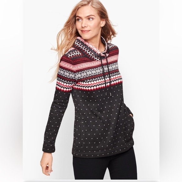 Talbots Fair isle geometric pullover fleece sweater Women’s 1X mock neck black - Picture 1 of 16